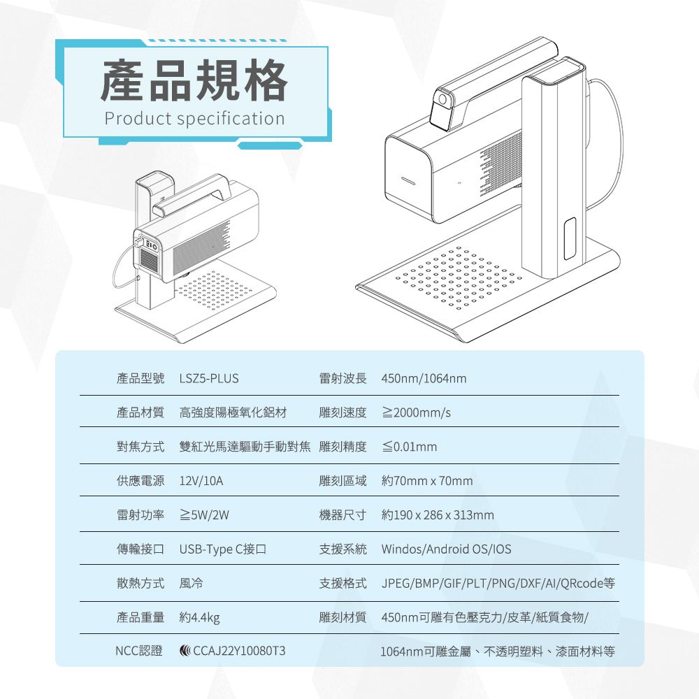 產品規格Product specification產品型號 LSZ5-PLUS雷射波長 450nm/1064nm產品材質 高強度陽極氧化鋁材雕刻速度 ≥2000mm/s對焦方式 雙紅光馬達驅動手動對焦 雕刻精度 ≤0.01mm供應電源 12V/10A雷射功率 ≥5W/雕刻區域 約70mmx70mm機器尺寸約190x286x313mm傳輸接口 USB-Type C接口支援系統 Windos/Android OS/IOS散熱方式 風冷支援格式 JPEG/BMP/GIF/PLT/PNG/DXF/AI/QRcode等產品重量 約4.4kg雕刻材質 450nm可雕有色壓克力/皮革/紙質食物/NCC認證1064nm可雕金屬、不透明塑料、漆面材料等