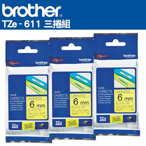 BROTHER 兄弟牌 TZe-611 護貝標籤帶 (6mm黃底黑字)-3卷/組