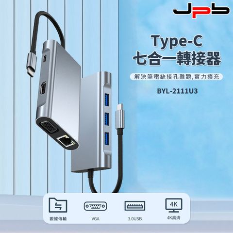 JPB 日本橋 [  ] 七合一Type-C多功能HUB轉接器/集線器 (4K/PD快充/USB/VGA/HDMI)