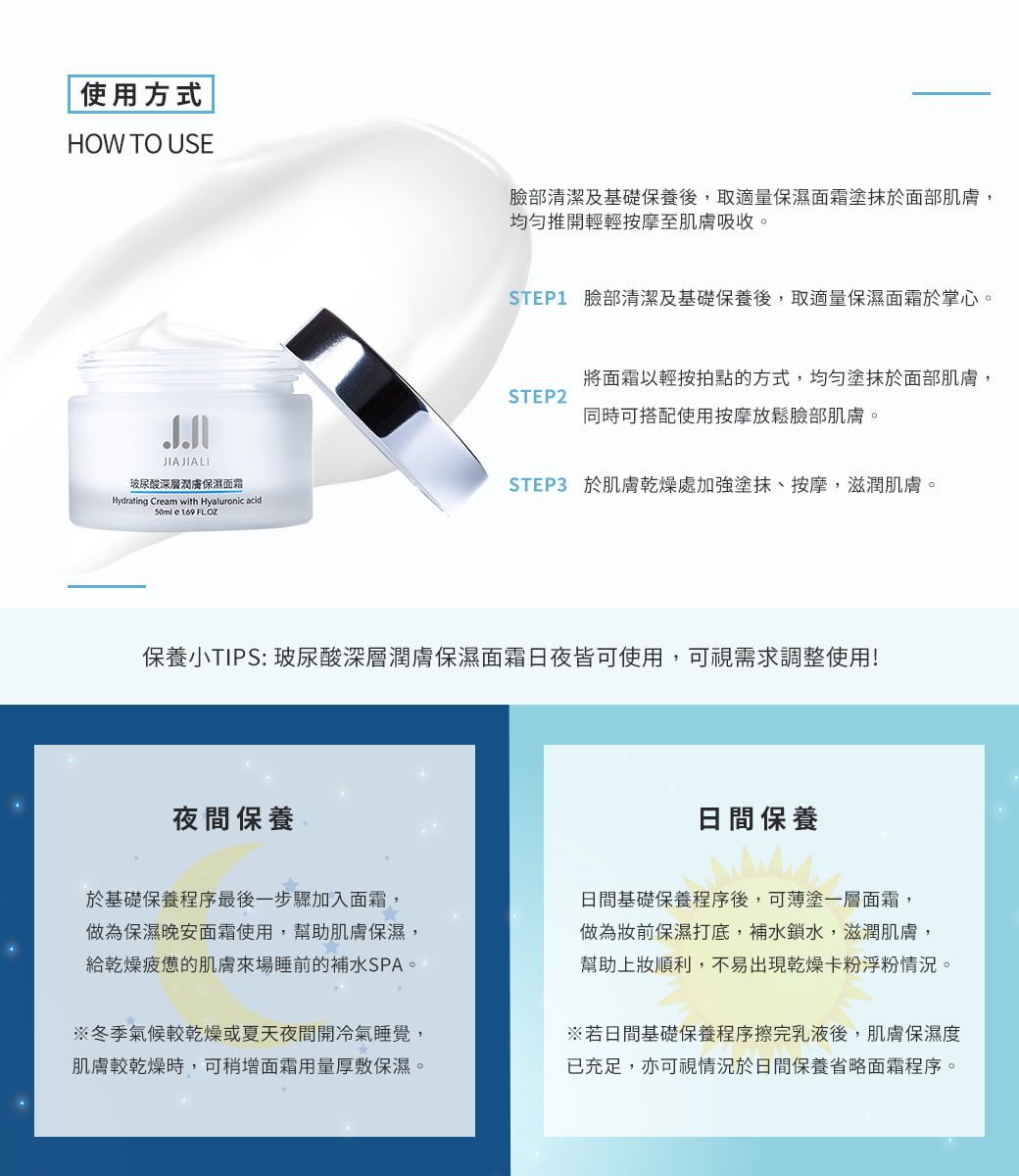 使用方式HOW TO USE臉部清潔及基礎保養後,取適量保濕面霜塗抹於面部肌膚,均勻推開輕輕按摩至肌膚吸收。JIAJIALI玻尿酸深層保濕面霜Hydrating Cream with Hyaluronic acid50ml 169 FLOZSTEP1 臉部清潔及基礎保養後,取適量保濕面霜於掌心。STEP2將面霜以輕按拍點的方式,均勻塗抹於面部肌膚,同時可搭配使用按摩放鬆臉部肌膚。STEP3 於肌膚乾燥處加強塗抹、按摩,滋潤肌膚。保養小TIPS: 玻尿酸深層潤膚保濕面霜日夜皆可使用,可視需求調整使用!夜間保養日間保養於基礎保養程序最後一步驟加入面霜,做為保濕晚安面霜使用,幫助肌膚保濕,給乾燥疲憊的肌膚來場睡前的補水SPA。※冬季氣候較乾燥或夏天夜間開冷氣睡覺,肌膚較乾燥時,可稍增面霜用量厚敷保濕。日間基礎保養程序後,可薄塗一層面霜,做為前保濕打底,補水鎖水,滋潤肌膚,幫助上順利,不易出現乾燥卡粉浮粉情況。※若日間基礎保養程序擦完乳液後,肌膚保濕度已充足,亦可視情況於日間保養省略面霜程序。