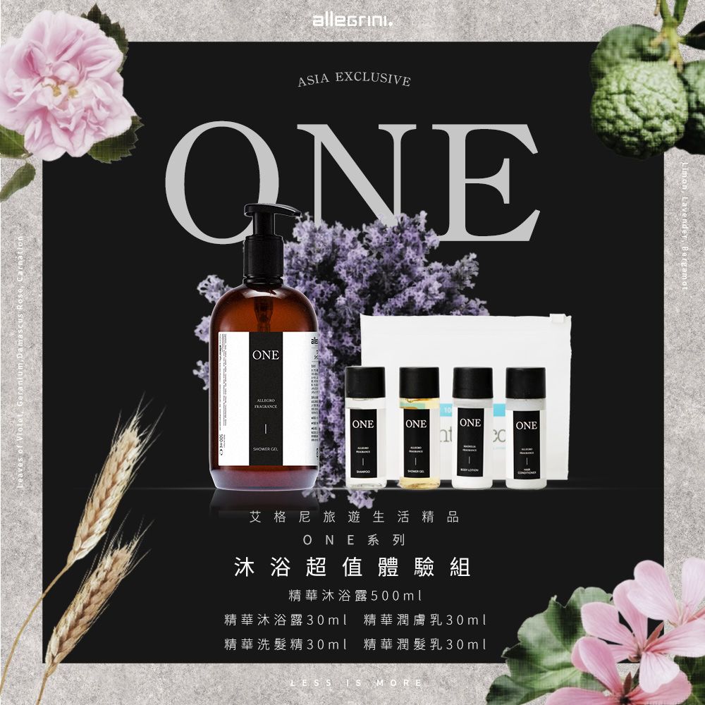 ALLEGRINI 艾格尼 ONE系列 沐浴超值體驗組 (精華沐浴露500ml+豪華旅行組)國內外五星級飯店選用/義大利原裝進口