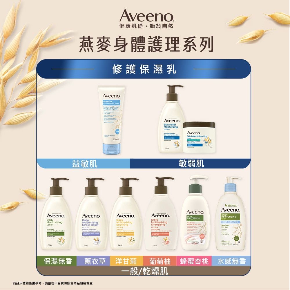 Aveno健康肌礎,始於自然燕麥身體護理系列修護保濕乳益敏肌Aveeno 200eAveeno Aveenokin  敏弱肌AveenoAveeno.Aveeno.MoisturizingAveeno.MoisturizingStress ReliefAveenoDailyMoisturizingSoothingDailyMoisturizingEnergizingLOTION保濕無香   S AveenoDAILYMOISTURIZING  薰衣草 洋甘菊 葡萄柚 蜂蜜杏桃 水感無香商品示意圖僅供參考,請依平台實際販售商品包裝為主一般/乾燥肌