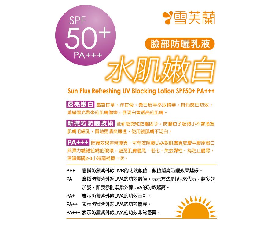 SPF50+PA+++雪芙蘭臉部防曬乳液水肌嫩自Sun Plus Refreshing UV Blocking Lotion SPF50+ PA+++透亮嫩白 、洋甘菊、桑白皮等萃取精華具有嫩白功效,減緩陽光帶來的肌膚傷害,展現白皙透亮的肌膚。|新微粒防曬技術 全新超微粒防曬因子,防曬粒子超微小不會堵塞肌膚毛細孔,質地更清爽薄透,使用後肌膚不泛白。 防護效果非常優異。可有效阻隔UVA對肌膚真皮層中膠原蛋白與彈力纖維組織的破壞,避免肌膚曬黑、老化、失去彈性。為防止曬黑,建議每隔2-3小時請補擦一次。SPF 意指防禦紫外線UVB的功效。數值越高防曬效果越好。PA 意指防禦紫外線UVA的功效數值。表示方法是以+來代表,越多的加號,即表示防禦紫外線UVA的功效越高。PA+ 表示防禦紫外線UVA的功效尚可。PA++ 表示防禦紫外線UVA的功效優異。PA+++ 表示防禦紫外線UVA的功效非常優異。