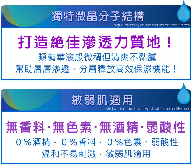 獨特微晶分子結構Unique microcrystalline extraction technology打造絕佳滲透力質地!類精華液般微稠但清爽不黏膩幫助層層滲透、分層釋放高效保濕機能!敏弱肌適用Mild without additive. Applicable to sensitive skin無香料無色素·無酒精·弱酸性0%酒精%香料%色素、弱酸性溫和不易刺激·敏弱肌適用