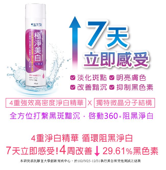 トラ7天立即感受 淡化斑點  明亮膚色 改善黯沉 抑制黑色素4重強效高密度淨白精華  獨特微晶分子結構全方位打黑斑黯沉·啓動360。阻黑淨白4重淨白精華 循環阻黑淨白7天立即感受!4周改善↓ 29.61%黑色素本研究委託靜宜大學育成中心,於102/9/25-12/31執行美白有效性測試之结果