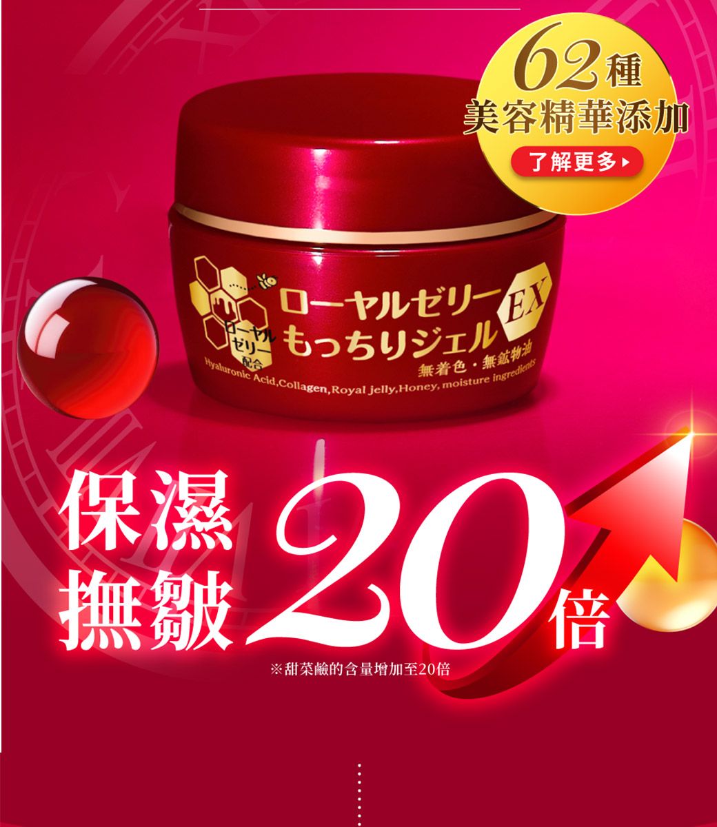 美容精華添加了解更多EXゼリもっちりジェル無著色無物油配合Hyaluronic AcidCollagen, Royal jelly,Honey, moisture ingredients濕保 撫皺倍甜菜鹼的含量增加至20倍