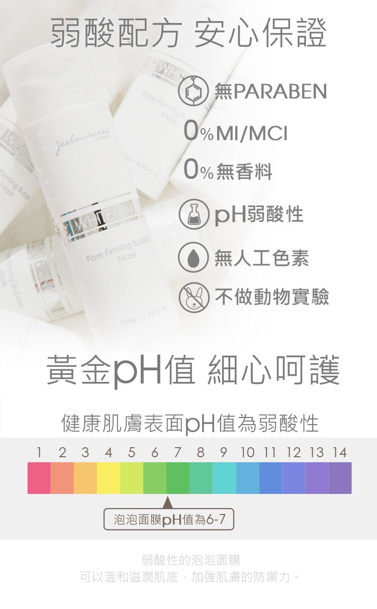Mask弱酸配方 安心保證無PARABEN  Pore Firming BubbleMask15g/0%MI/MCI0%無香料H弱酸性無人工色素(不做動物實驗黃金值 細心呵護健康肌膚表面值為弱酸性1 2 3 4 5 6 7 8 9 10 11 12 13 14泡泡面膜值為6-7弱酸性的泡泡面膜可以溫和滋潤肌底,加強肌膚的防禦力。