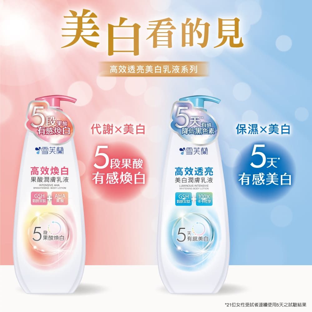美白的見高效透亮美白乳液系列段果酸有感自5代謝美白雪芙蘭高效煥白果酸潤膚乳液INTENSIVE AHABRIGHTENING  LOTIONGSHAHA穀胱甘肽 果酸5段果酸有感煥白有感降低黑色素雪芙蘭高效透亮美白潤膚乳液LUMINOUS INTENSIVEWHITENING BODY LOTIONGSH100X 胱甘肽 卡卡杜李保濕美白5天有感美白5段果酸煥白5看美白*21位女性受試者連續使用5天之試驗結果
