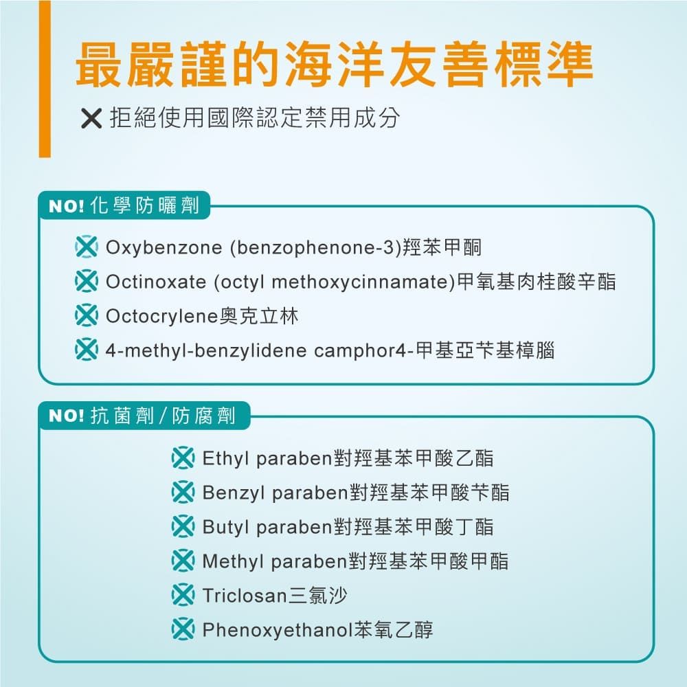 最嚴謹的海洋友善標準X拒絕使用國際認定禁用成分NO! 化學防曬劑Oxybenzone (benzophenone-3)羥苯甲酮Octinoxate (octyl methoxycinnamate)甲氧基肉桂酸辛酯Octocrylene奧克立林X 4-methyl-benzylidene camphor4-甲基亞基樟腦NO! 抗菌劑/防腐劑Ethyl paraben對羥基苯甲酸乙酯Benzyl paraben對羥基苯甲酸酯Butyl paraben對羥基苯甲酸丁酯Methyl paraben對羥基苯甲酸甲酯Triclosan三氯沙Phenoxyethanol苯氧乙醇