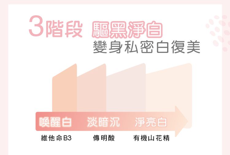 3階段 黑淨變身私密白復美喚醒白 淡暗沉 淨亮白維他命 B3傳明酸有機山花精