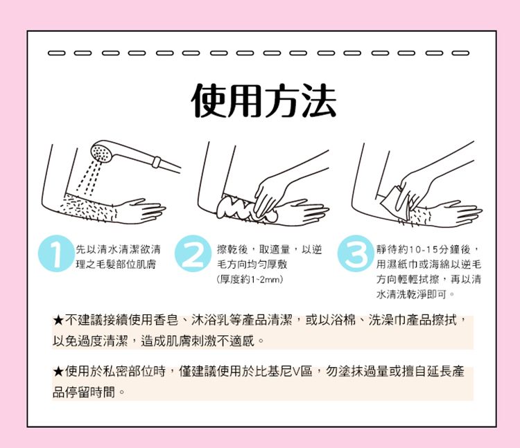 使用方法先以清水清潔欲清理之毛髮部位肌膚2擦乾後,取適量,以逆毛方向均匀厚敷3(厚度約1-2mm)靜待約1-15分鐘後,用濕紙巾或海綿以逆毛方向輕輕拭擦,再以清水清洗乾淨即可。不建議接續使用香皂、沐浴乳等產品清潔,或以浴棉、洗澡巾產品擦拭,以免過度清潔,造成肌膚刺激不適感。★使用於私密部位時,僅建議使用於比基尼V區,勿塗抹過量或擅自延長產品停留時間。00
