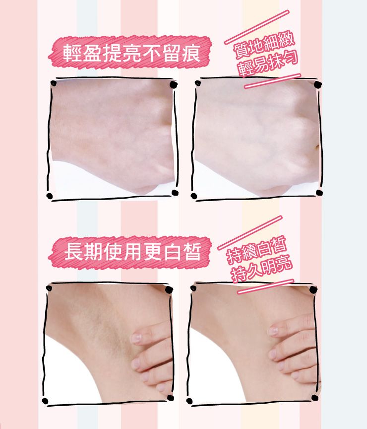 輕盈提亮不留痕質地細緻輕易抹匀長期使用更白皙持久明亮