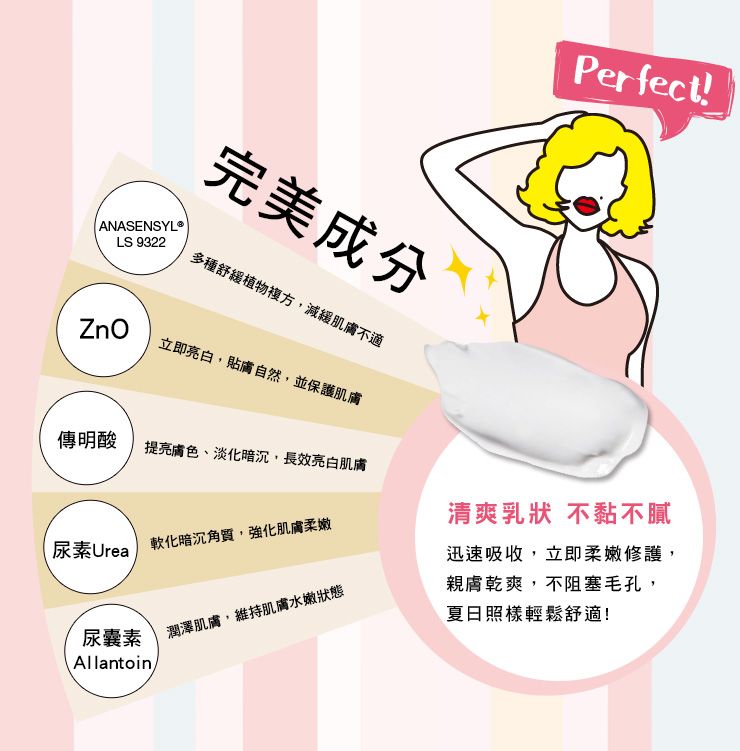 ANASENSYLLS 9322完美成分多種舒緩植物複方減緩肌不適立即,貼膚自然,並保護肌膚Perfect!傳明酸提亮膚色、淡化暗沉,長效亮白肌膚尿素Urea軟化暗沉角質,強化肌膚柔嫩清爽乳狀 不黏不膩迅速吸收,立即柔嫩修護,尿囊素 潤澤肌膚,維持肌膚水嫩狀態Allantoin,親膚乾爽,不阻塞毛孔,夏日照樣輕鬆舒適!