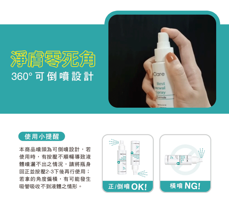 淨膚零死角360°可倒噴設計ClareBest使用小提醒本商品噴頭為可倒噴設計,若使用時,有按壓不順暢導致液體噴灑不出之情況,請將瓶身回正並按壓2-3下後再行使用;若拿的角度偏,有可能發生吸管吸收不到液體之情形。Spray正/倒噴OK!噴 NG!