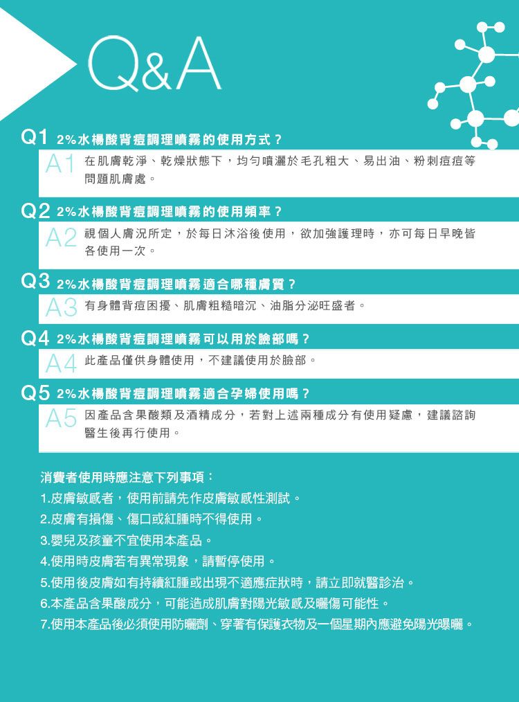 Q&Q1 2%水楊酸背痘調理噴霧的使用方式?A 在肌膚乾淨、乾燥狀態下,均勻噴灑於毛孔粗大、易出油、粉刺痘痘等問題肌膚處。Q22%水楊酸背痘調理噴霧的使用頻率?A2 視個人膚況所定,於每日沐浴後使用,欲加強護理時,亦可每日早晚皆各使用一次。Q32%水楊酸背痘調理噴霧適合哪種膚質? 有身體背痘困擾、肌膚粗糙暗沉、油脂分泌旺盛者。Q4 2%水楊酸背痘調理噴霧可以用於臉部嗎? 此產品僅供身體使用,不建議使用於臉部。Q52%水楊酸背痘調理噴霧適合孕婦使用嗎? 產品含果酸類及酒精成分,若對上述兩種成分有使用疑慮,建議諮詢醫生後再行使用。消費者使用時應注意下列事項:1.皮膚敏感者,使用前請先作皮膚敏感性測試。2.皮膚有損傷、傷口或紅腫時不得使用。3.嬰兒及孩童不宜使用本產品。4.使用時皮膚若有異常現象,請暫停使用。5.使用後皮膚如有持續紅腫或出現不適應症狀時,請立即就醫診治。6.本產品含果酸成分,可能造成肌膚對陽光敏感及曬傷可能性。7.使用本產品後必須使用防曬劑、穿著有保護衣物及一個星期內應避免陽光曝曬。