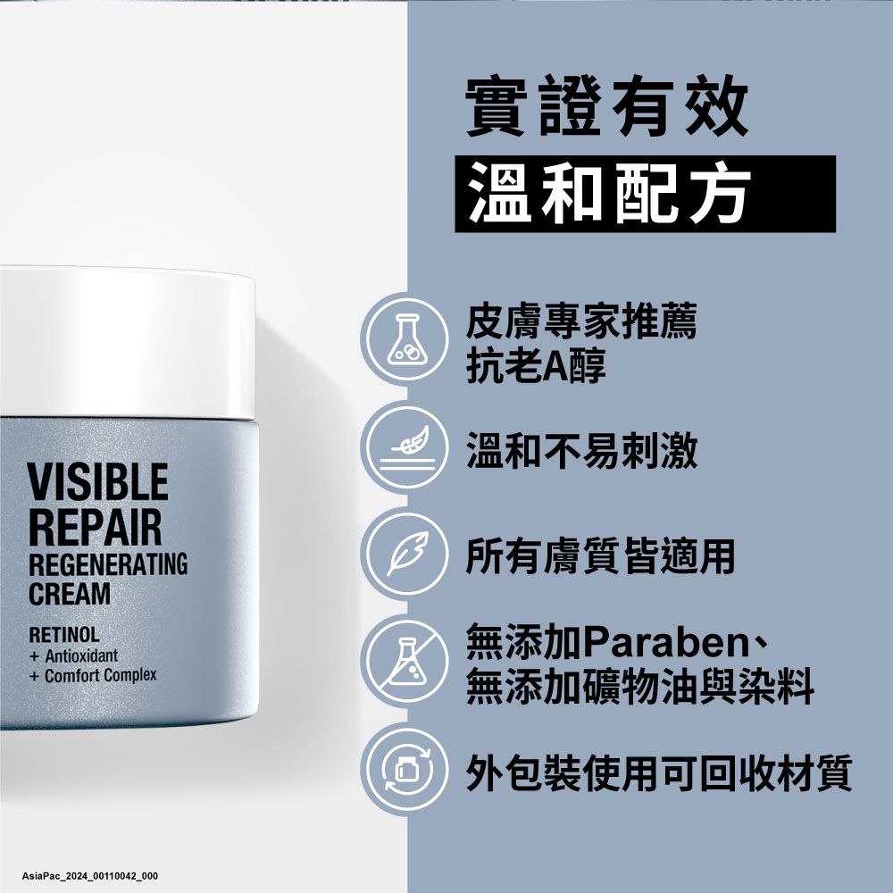 VISIBLEREPIRREGENERATINGCREAMRETINOL+ Antioxidant+ Comfort ComplexAsiaPac_2024_00110042_000瓜實證有效|溫和配方皮膚專家推薦抗老A醇溫和不易刺激所有膚質皆適用A無添加Paraben無添加礦物油與染料 外包裝使用可回收材質