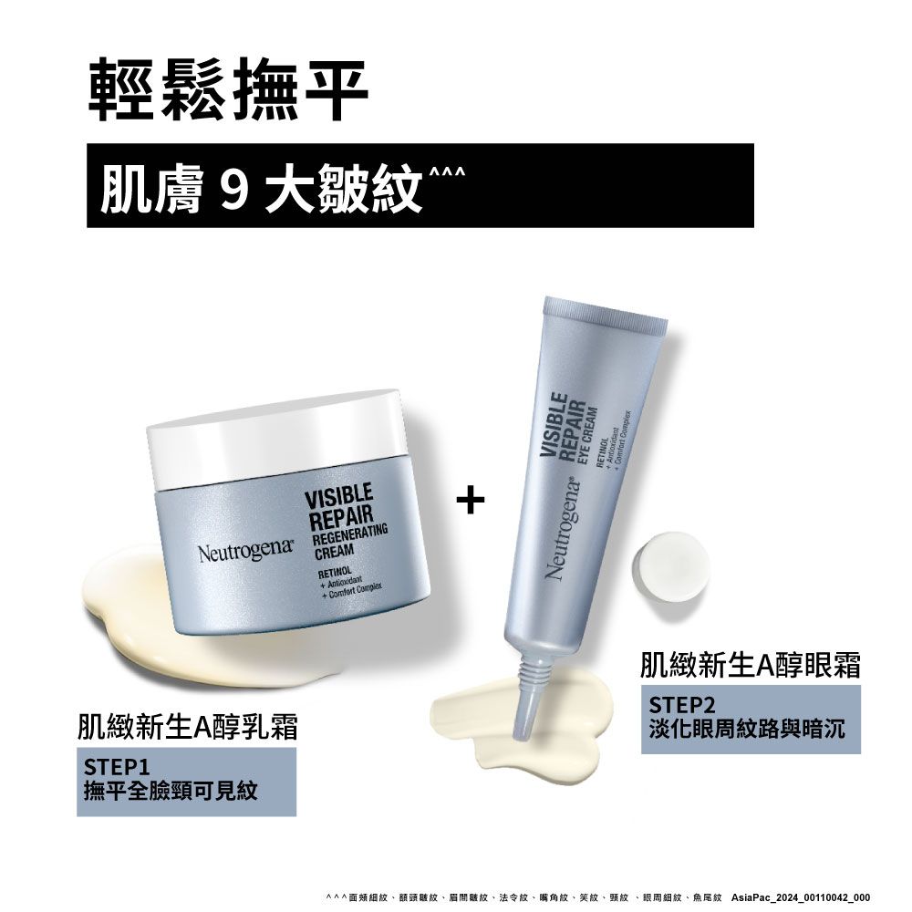 輕鬆撫平肌膚9大皺紋NeutrogenaVISIBLEREPAIRREGENERATINGCREAMRETINOL + Comfort +肌緻新生A醇乳霜STEP1撫平全臉頸可見紋VISIBLEREPAIRNeutrogena  CREAMRETINOL肌緻新生A醇霜STEP2淡化眼周紋路與暗沉面頰細紋額頭皺紋、眉間皺紋、法令紋、嘴角紋、笑紋、頸紋 、眼周細紋、魚尾紋 AsiaPac_2024_00110042_000