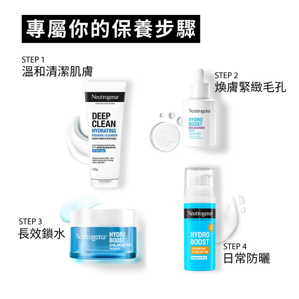專屬你的保養步驟STEP 1溫和清潔肌膚Neutrogena DEEPCLEANHYDRATINGFOAMING CLEANSERNeutrogenaHYDROBOOSTNIACINAMIDE     Types  100gSTEP 3長效鎖水NeutrogenaHYDROBOOSTHYALURONIC ACWATER Neutrogena®STEP 2煥膚緊緻毛孔HYDROBOOSTHYDRATINGFLUID SPF 50 Fragrance-treeSTEP 4日常防曬