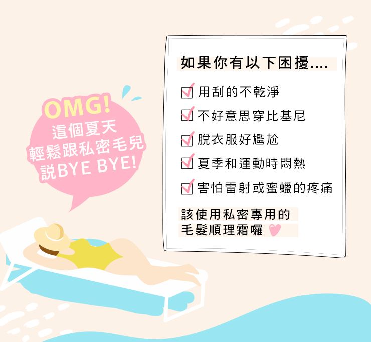 OMG!如果你有以下困擾....用刮的不乾淨不好意思穿比基尼這個夏天輕鬆跟私密毛兒脫衣服好尷尬BYE BYE!夏季和運動時悶熱害怕雷射或蜜蠟的疼痛該使用私密專用的毛髮順理霜囉