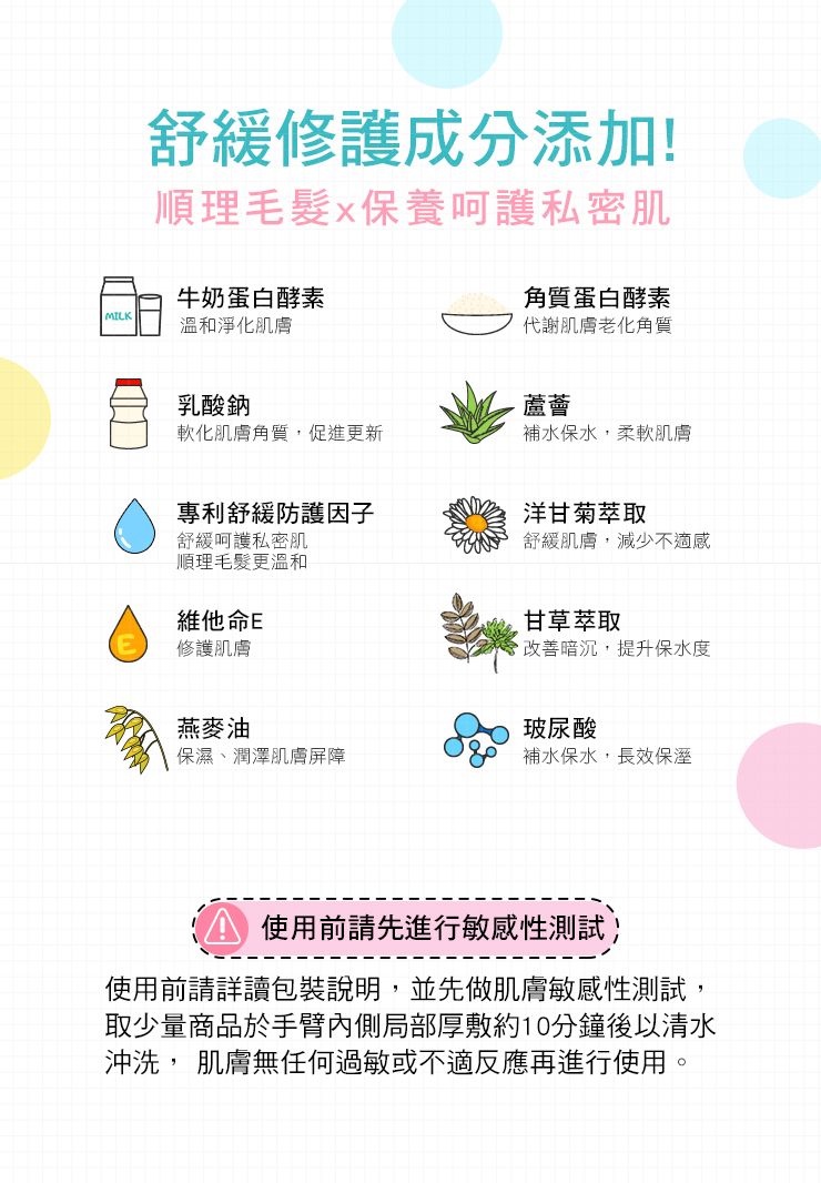 舒緩修護成分添加!理毛髮保養呵護私密肌牛奶蛋白酵素MILK溫和淨化肌膚角質蛋白酵素代謝肌膚老化角質乳酸鈉蘆薈軟化肌膚角質促進更新補水保水,柔軟肌膚專利舒緩防護因子洋甘菊萃取舒緩肌膚,減少不適感舒緩呵護私密肌順理毛髮更溫和維他命E修護肌膚甘草萃取改善暗沉,提升保水度玻尿酸燕麥油、保濕、潤澤肌膚屏障補水保水,長效保溼使用前請先進行敏感性測試,使用前請詳讀包裝說明,並先做肌膚敏感性測試,取少量商品於手臂內側局部厚敷約10分鐘後以清水沖洗, 肌膚無任何過敏或不適反應再進行使用。