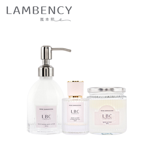 Lambency 玫瑰柔潤晶粹油50ml+玫瑰香氛身體乳200ml+身體角質磨砂膏320g