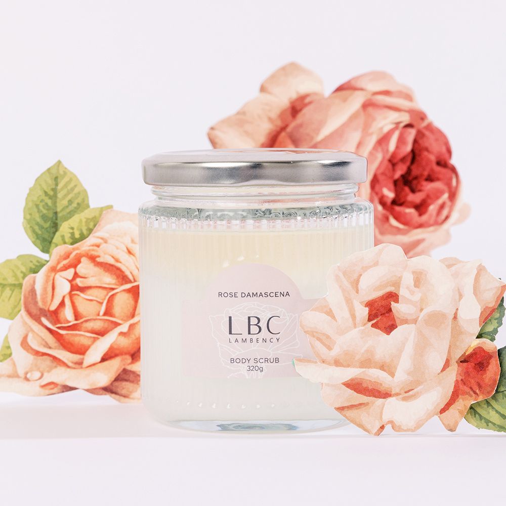 Lambency 玫瑰柔潤晶粹油50ml+玫瑰香氛身體乳200ml+身體角質磨砂膏320g