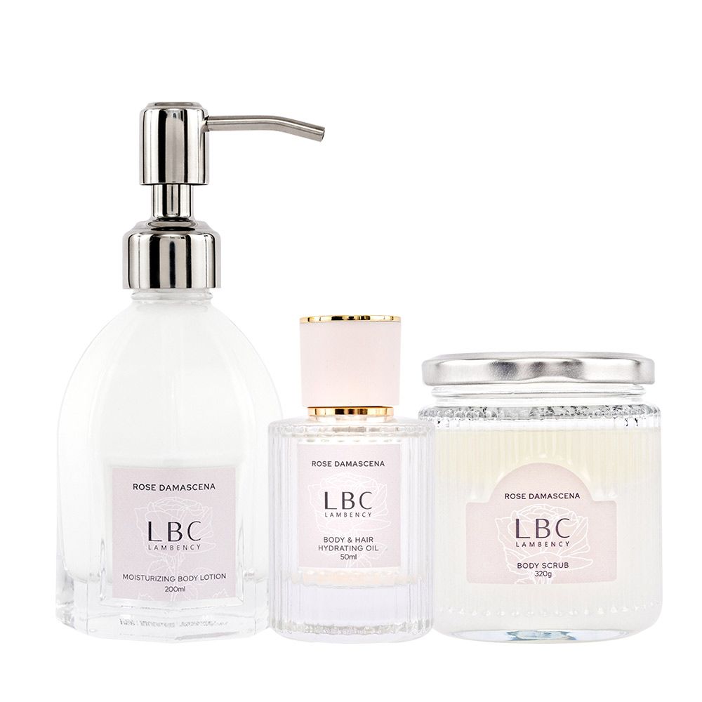 Lambency 玫瑰柔潤晶粹油50ml+玫瑰香氛身體乳200ml+身體角質磨砂膏320g