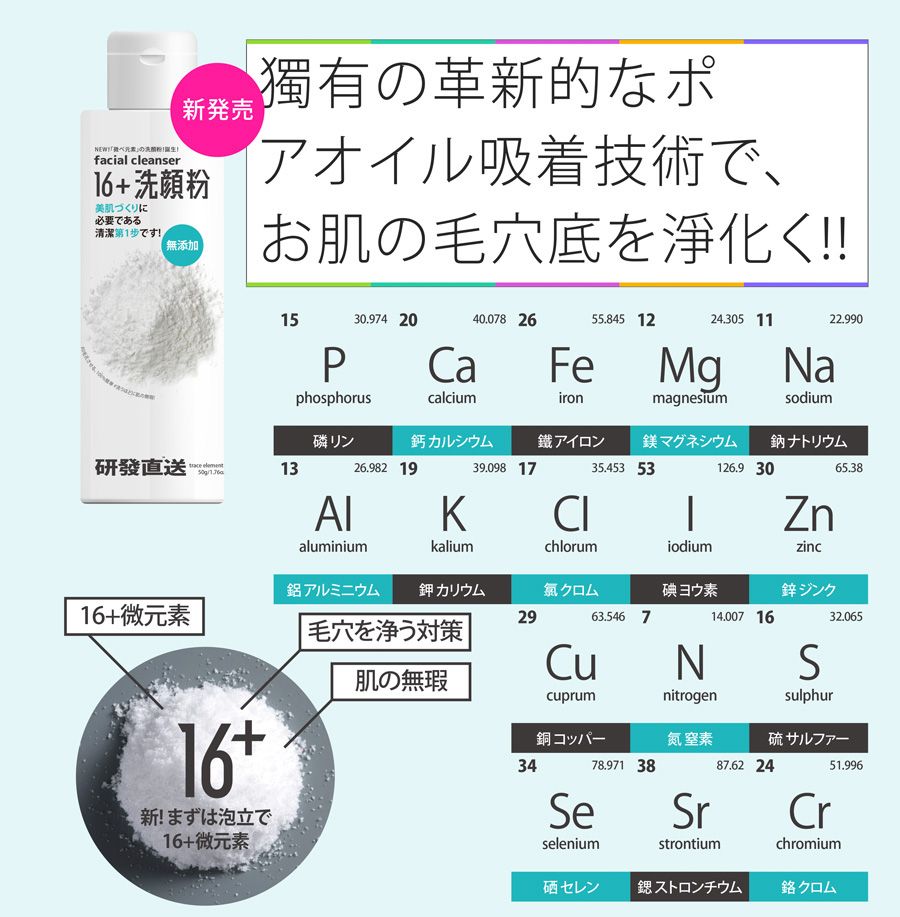 NEWfacial cleanser発売洗顔粉肌づくりに美必要である清潔第1歩です無添加獨有の革新的なポアオイル吸着技術で、お肌の毛穴底を浄化く!!1530.974 2040.078 2655.845 12PphosphoruscalciumFeironリン研發直送13カルシウムアイロン39.098 1735.453 53KCI26.982 19aluminiumkaliumアルミニウムカリウムクロム29毛穴を浄う対策16+新! まずは泡立で16+元素肌の無24.305 11magnesiumマグネシウムNasodium22.990ナトリウム126.9 3065.38chlorumcuprum63.5467コッパー34e78.971 38seleniumiodiumヨウ素Nnitrogen氮 窒素Sr14.007 16strontium87.62 24ZnzincジンクSsulphur32.065サルファーCr51.996chromiumセレンストロンチウムクロム