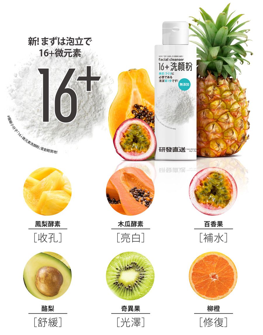 まずは泡立で微元素16+facial cleanser16+洗顔粉美肌づくりに必要である清潔第1步無添加細小分子16+微元素洗顏粉首創輕質地!鳳梨酵素木瓜酵素[收孔[亮白]研發直送 百香果[補水]酪梨奇異果柳橙[舒緩][光澤][修復]