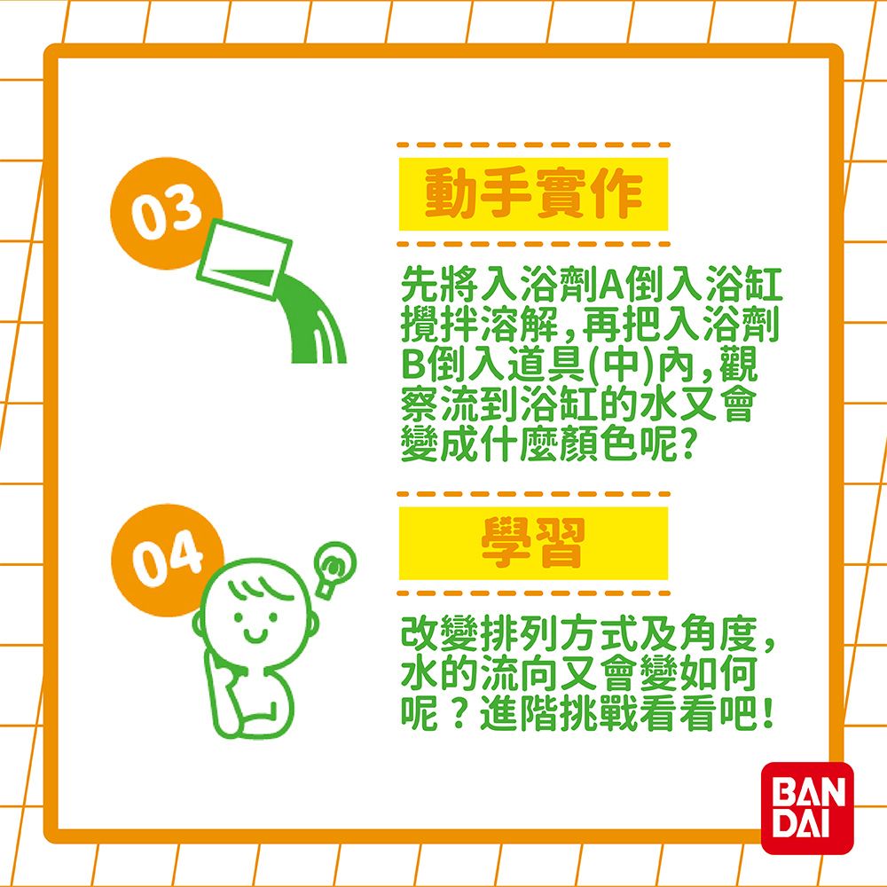 0304動手實作先將入浴劑A倒入浴缸攪拌溶解,再把入浴劑B倒入道具(中)內,觀察流到浴缸的水又會變成什麼顏色呢?學習改變排列方式及角度,水的流向又會變如何呢?進階挑戰看看吧!BANDAI