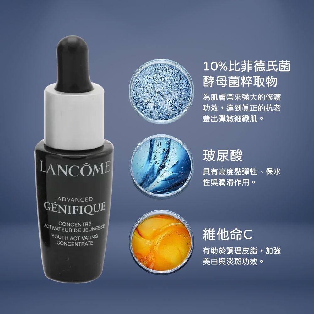 LANCOME10%比菲德氏菌酵母菌粹取物為肌膚帶來強大的修護功效,達到的抗老養出彈嫩細緻肌。玻尿酸具有高度黏彈性、保水性與潤滑作用。ADVANCEDGÉNIFIQUECONCENTRÉACTIVATEUR DE JEUNESSEYOUTH ACTIVATINGCONCENTRATE維他命C有助於調理皮脂,加強美白與淡斑功效。