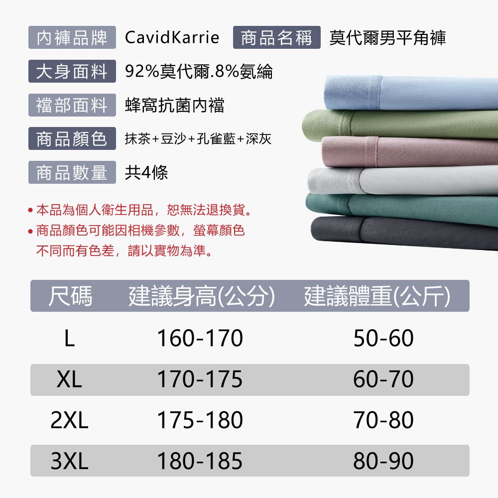 商品名稱 莫代爾男平角褲內褲品牌 CavidKarrie大身面料 92%莫代爾.8%氨綸襠部面料 蜂窩抗菌内襠商品顏色抹茶+豆沙+孔雀藍+深灰商品數量 共4條本品為個人衛生用品,恕無法退換貨。商品顏色可能因相機參數,螢幕顏色不同而有色差,請以實物為準。尺碼建議身高(公分) 建議體重(公斤)L160-17050-60XL170-17560-702XL175-18070-803XL180-18580-90