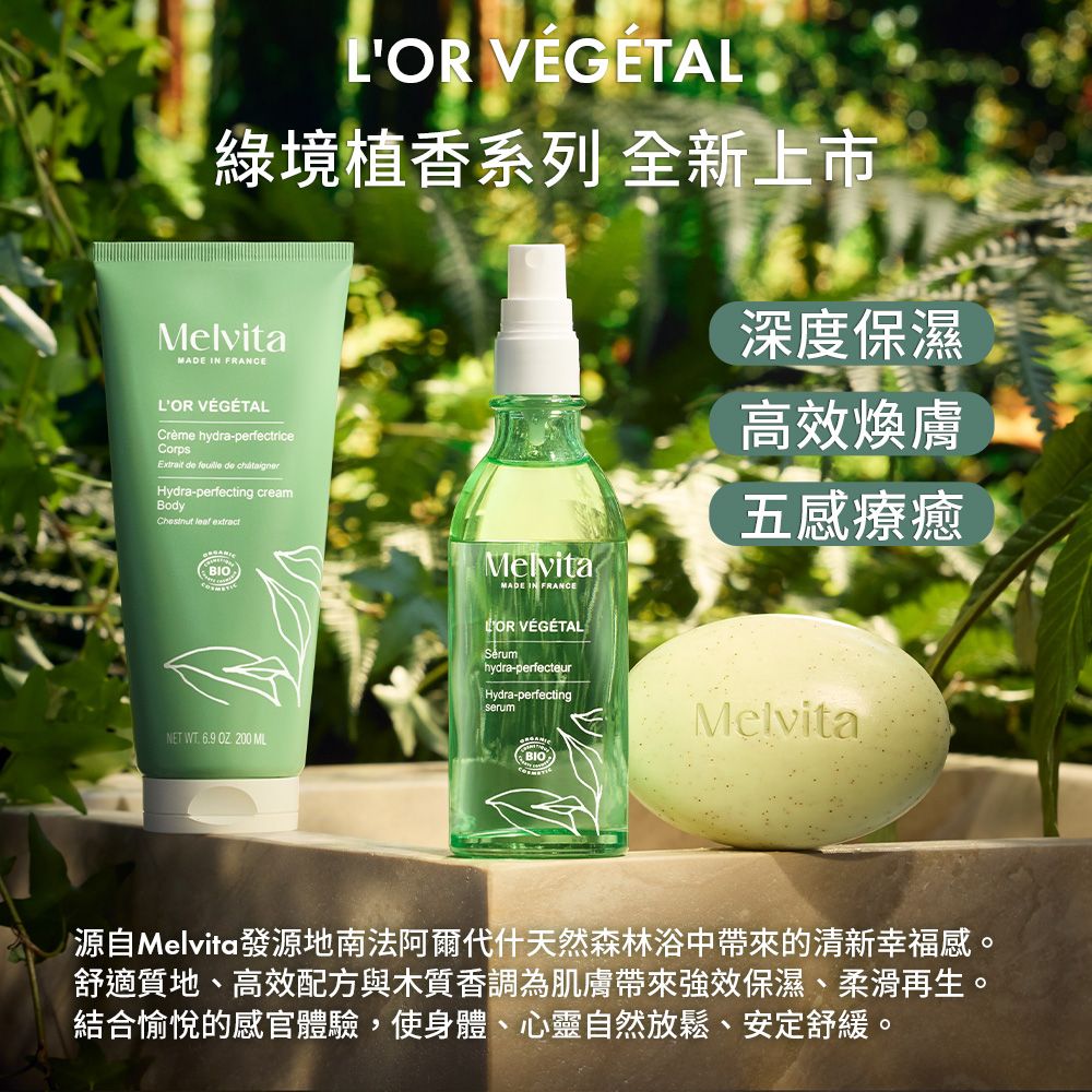 VEGETAL境香系列 全新上市MelvitaMADE  FRANCELOR VÉGÉTALCrème hydra-perfectriceCorpsExtrait de  de Hydra-perfecting creamBody  extract深度保濕高效煥膚五感療癒NET  6.9 OZ 200 MLMelvitaMADE IN FRANCELOR VÉGÉTALSérumhydra-perfecteurHydra-perfectingserumBIOMelvita源自Melvita發源地南法阿爾代什天然森林浴中帶來的清新幸福感。舒適質地、高效配方與木質香調為肌膚帶來強效保濕、柔滑再生。結合愉悅的感官體驗,使身體、心靈自然放鬆、安定舒緩。