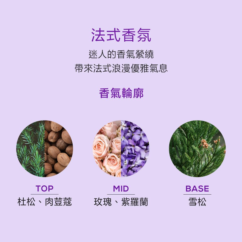 法式香氛迷人的香氣縈繞帶來法式浪漫優雅氣息香氣輪廓TOPMIDBASE杜松、肉荳蔻玫瑰、紫羅蘭雪松