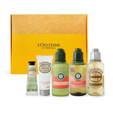 L'OCCITANE 歐舒丹 LOCCITANE  草本杏仁沐浴嫩膚禮盒組[洗髮精35ml+護髮乳35ml+沐浴油35ml+凝霜20ml+護手霜10ml]-國際航空版