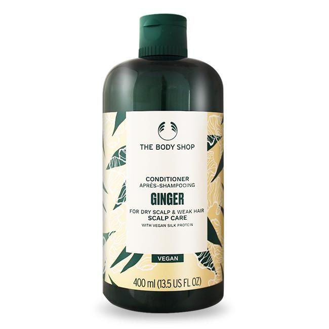 THE BODY SHOPCONDITIONERAPRÈS-SHAMPOOINGGINGERFOR DRY SCALP & WEAK HAIRSCALP CAREWITH VEGAN SILK PROTEINVEGAN400 ml ( US FL )