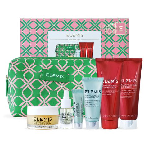 Elemis 旅行精選禮盒[卸妝膏20g+乳霜15ml+修護眼膜4ml+精萃5ml+沐浴乳100ml+潤膚乳100ml+化妝包]-期效202509