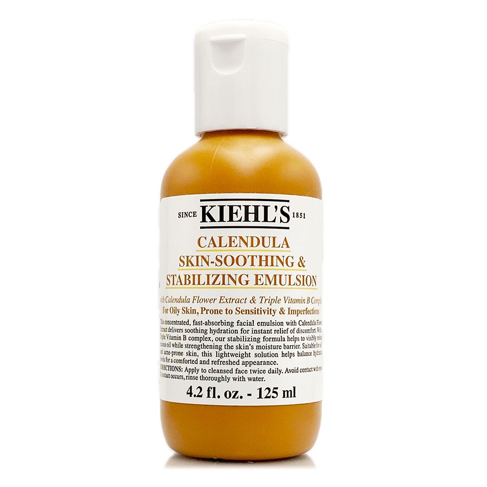 SINCEKIEHLS CALENDULASKINSOOTHING &STABILIZING EMULSIONCalendula Flower Extract & Triple Vitamin B  Oily Skin, Prone to Senitivity & Imperfections concentred, fastabsorbing facial emulsion th  at delivers soothing hydration  instant relief of discomfort Vitamin B complex, our stabilizing formula helps to s  while strengthening the skins moisture barrier  -prone skin, this lightweight solution helps balance for a comforted and refreshed appearance.: Apply to cleansed face twice daily. Avoid  wi occurs, rinse thoroughly with water.4.2 fl. oz. 125 ml-