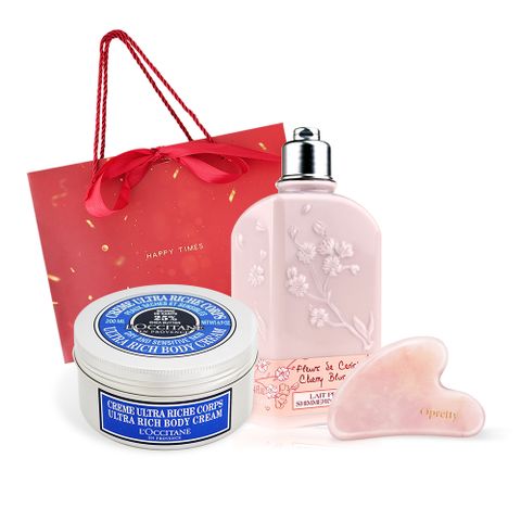 L'OCCITANE 歐舒丹 LOCCITANE  乳油木櫻花身體保養組[身體霜+美體乳+刮痧板+禮袋]-國際航空版