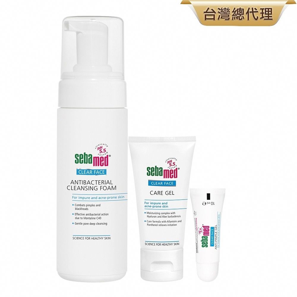 5.5sebamedCLEAR FACEANTIBACTERIALCLEANSING FOAMFor impure and acne-prone skinCombats pimples andblackheadsEffective antibacterial actiondue to Montaline C40Gentle pore deep cleansingsebamedCLEAR FACECARE For impure andacne-prone skinMoisturizing complex withHyaluron and Aloe barbadensisCare formula with Allantoin andPanthenol relieves irritation SCIENCE FOR HEALTHY SKINSCIENCE FOR HEALTHY SKINCLEAR FACEANTI-PIMPLE GEL台灣總代理