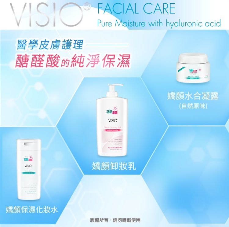 VISIO醫學皮膚護理FACIAL CAREPure Moisture with hyaluronic acid醣醛酸的純淨保濕VISIO  M嬌顏水合凝露(自然原味)sebamedVISIO嬌顏保濕水嬌顏卸妝乳版權所有,請勿轉載使用