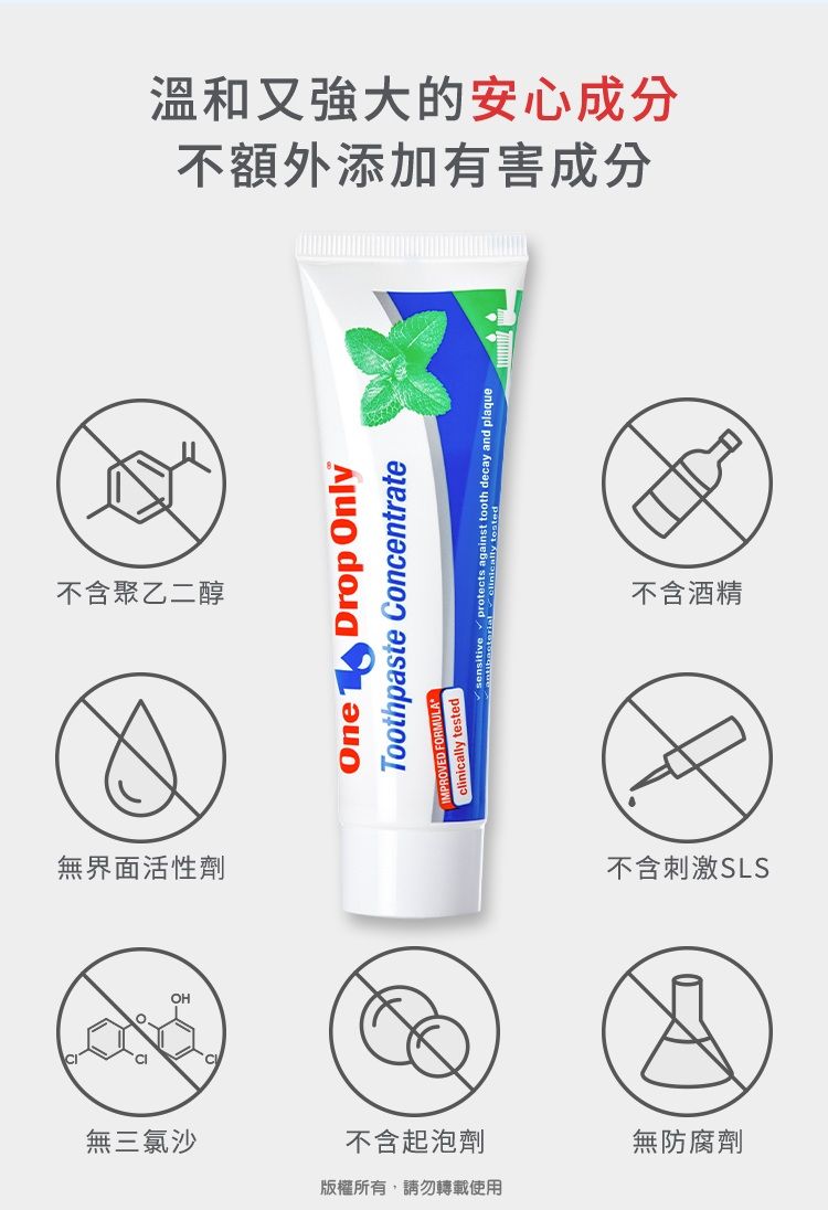不含聚乙二醇無界面活性劑不額外添加有害成分溫和又強大的安心成分OneDrop OnlyToothpaste Concentrate FORMULAclinically teste tested    decay and plaque不含酒精不含刺激SLS無三氯沙不含起泡劑無防腐劑版權所有,請勿轉載使用
