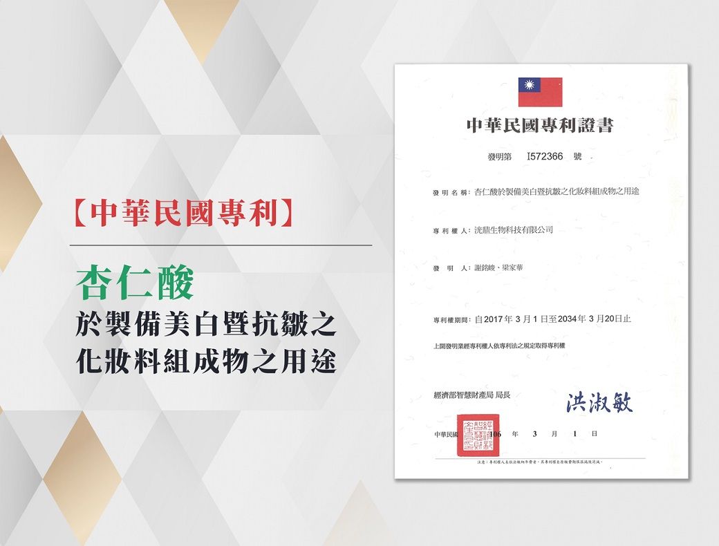 中華民國證書發明第 572366號發明名杏仁酸於製備美白暨抗皺之料組成物之用途【中華民國專利】杏仁酸:生物科技有限公司發明:謝銘梁家華於製備美白暨抗皺之化妝料組成物之用途期間:201731至20343月20日止上開發明專利權人專利法之規定取得專利權經濟部智慧財產局 局洪淑敏中華民國 年3 月 1 日:專利權人長稱年專利權自