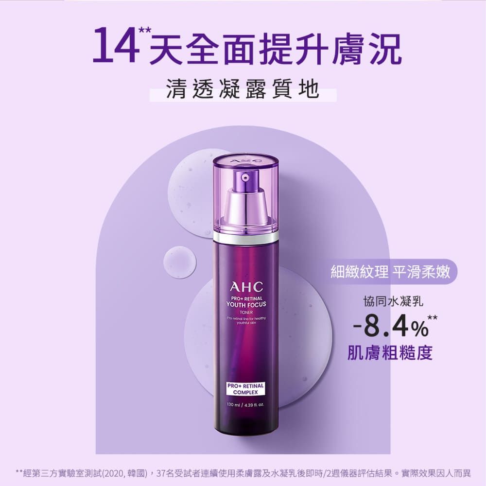 14 天全面提升膚況清透凝露質地AHCPRO+ RETINALYOUTH FOCUSTONER     PRO+ RETINALCOMPLEX130   439  .細緻紋理 平滑柔嫩協同水凝乳-8.4%肌膚粗糙度**經第三方實驗室測試(2020,韓國),37名受試者連續使用柔膚露及水凝乳後即時/2週儀器評估結果。實際效果因人而異