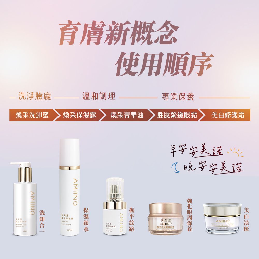育膚新概念使用順序早安安美晚安安美淨臉龐溫和調理專業煥采洗蜜 煥采 煥采菁華油胜肽緊緻霜修護霜AMIINO  AMIINO洗卸安美諾保濕露眼保養安美諾AMIINOAMIINO美白