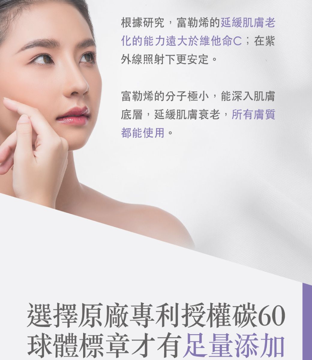 根據研究,富勒烯的延緩肌膚老化的能力遠大於維他命C;在紫外線照射下更安定。富勒烯的分子極小,能深入肌膚底層,延緩肌膚衰老,所有膚質都能使用。選擇原廠專利授權碳60球體標章才有足量添加