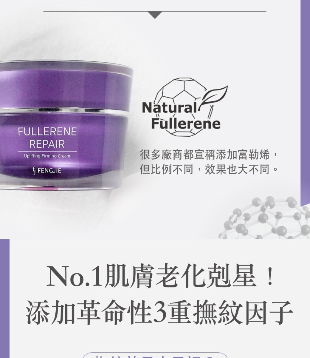 FULLERENEREPAIRUplifting Firming CreamFENGJIEFullerene很多廠商都宣稱添加富勒烯,但比例不同,效果也大不同。No.1肌膚老化剋星!添加革命性3重撫紋因子