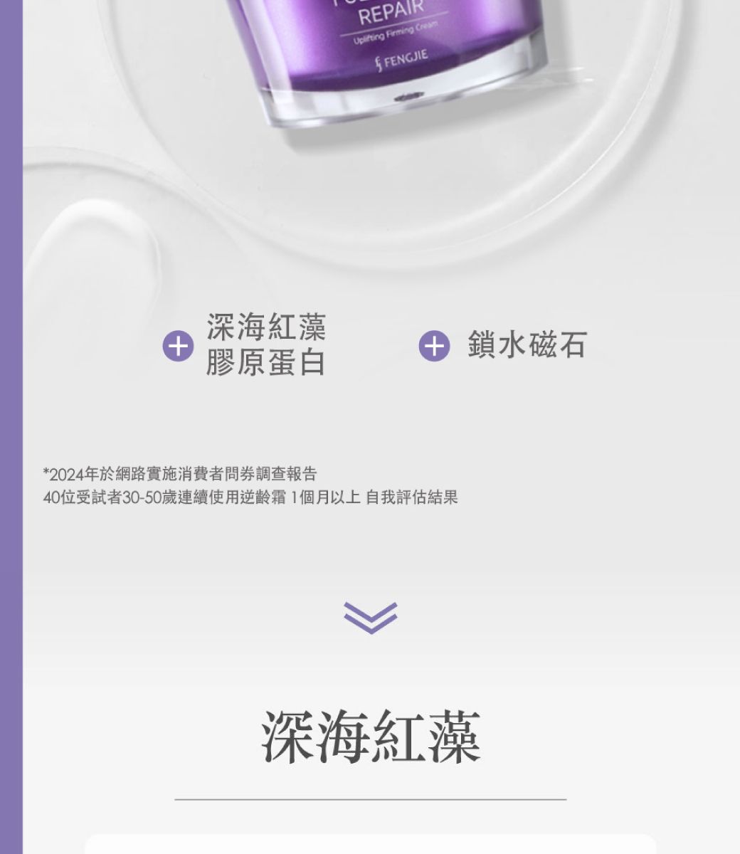 Firming CreamFENGJIE深海紅藻+膠原蛋白 鎖水磁石*2024年於網路實施消費者調查報告40位受試者30-50歲連續使用逆齡1個月以上自我評估結果深海紅藻