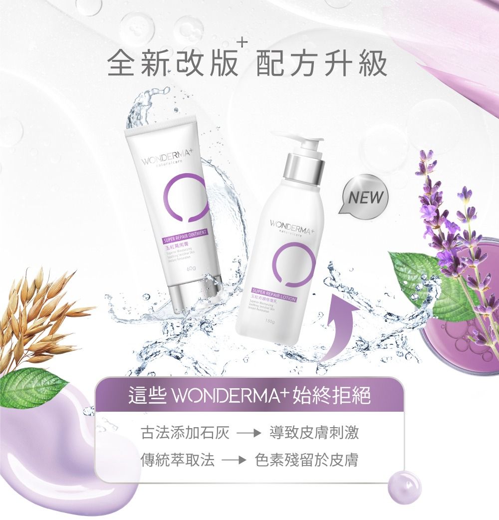 全新改版 配方升級WONDERMA+SUPER REPAIR OINTMENTWONDERMA+SUPER REPAIR LOTION NEW這些 WONDERMA+始終拒絕古法添加石灰 導致皮膚刺激傳統萃取法色素殘留於皮膚