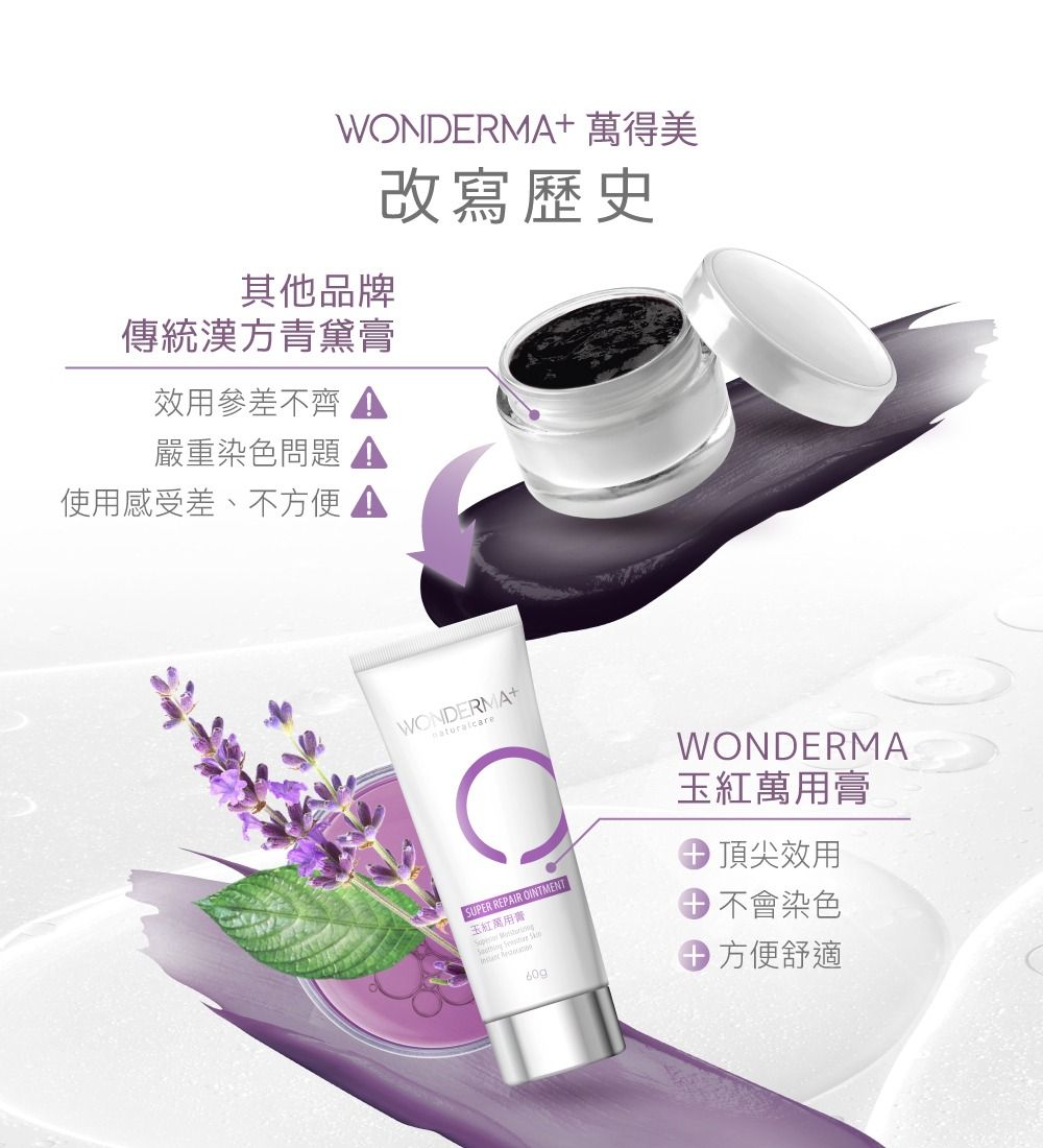 WONDERA+ 得美改寫歷史其他品牌傳統漢方青黛效參差不齊 嚴重染色問題使用感受差、不方便 WONDERMA+SUPER REPAIR OINTMENT玉紅萬用膏 M   60gWONDERMA玉紅萬用膏頂尖效用 不會染色方便舒適